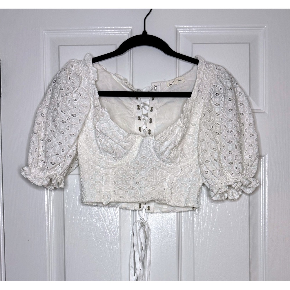 For Love & Lemons White Eyelet‎ Corset Lace Up Puff Sleeve Crop Top S